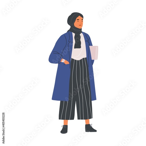 Young modern Muslim woman wearing trendy casual clothes and hijab. Fashionable Arab female character in trousers and traditional headdress isolated on white background. Flat vector illustration