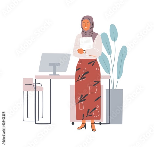 Young modern Muslim woman wearing casual clothes and hijab at work. Arab female character standing with documents in office. Colorful flat vector illustration isolated on white background