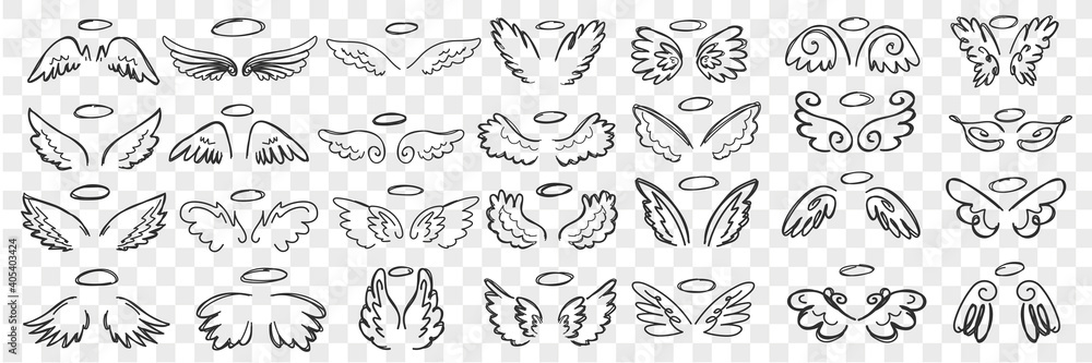 Angels wings and halo doodle set. Collection of hand drawn wings and halos of angels accessories of saint character in rows isolated on transparent background. Illustration of sacred person attributes Angels wings and halo doodle set. Collection of hand drawn wings and halos of angels accessories of saint character in rows isolated on transparent background. Illustration of sacred person attributes