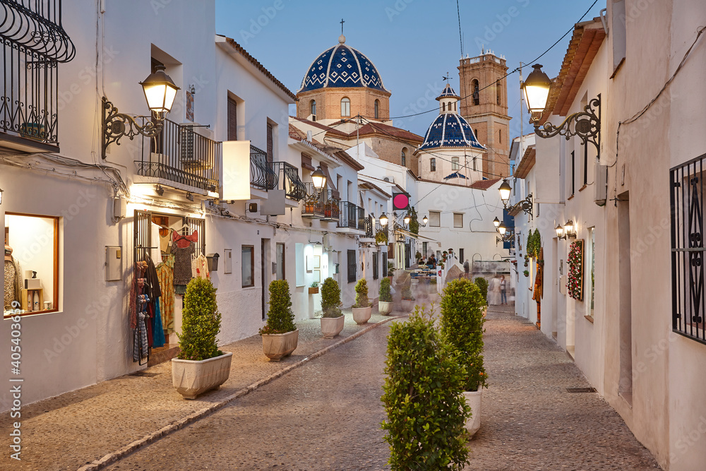 Spanish mediterranean picturesque village of Altea. Traditional street by night