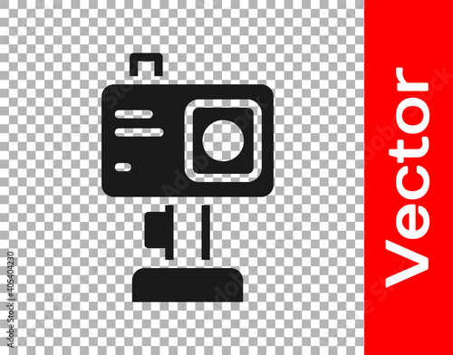 Black Action extreme camera icon isolated on transparent background. Video camera equipment for filming extreme sports. Vector.
