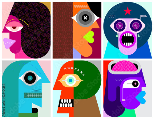 Six People Portraits modern art graphic illustration. Six different faces.
