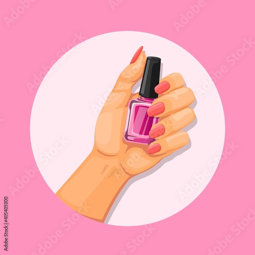 Hand holding manicure nail art and polish product concept in cartoon illustration vector