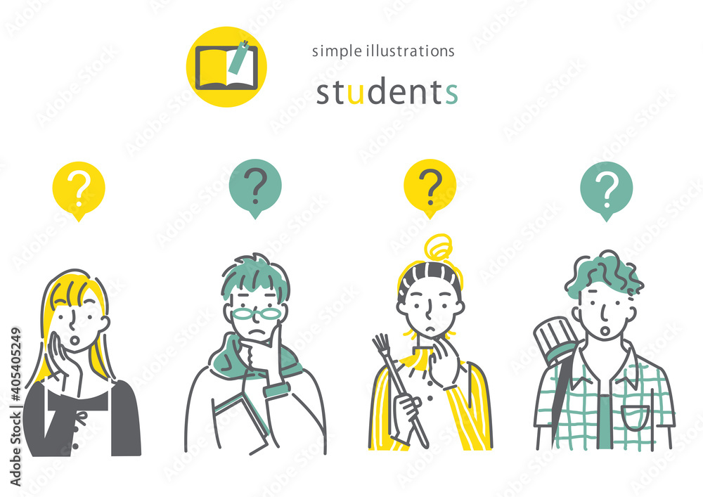 いろいろな学部の大学生4人　おしゃれでシンプルな線画イラストセット