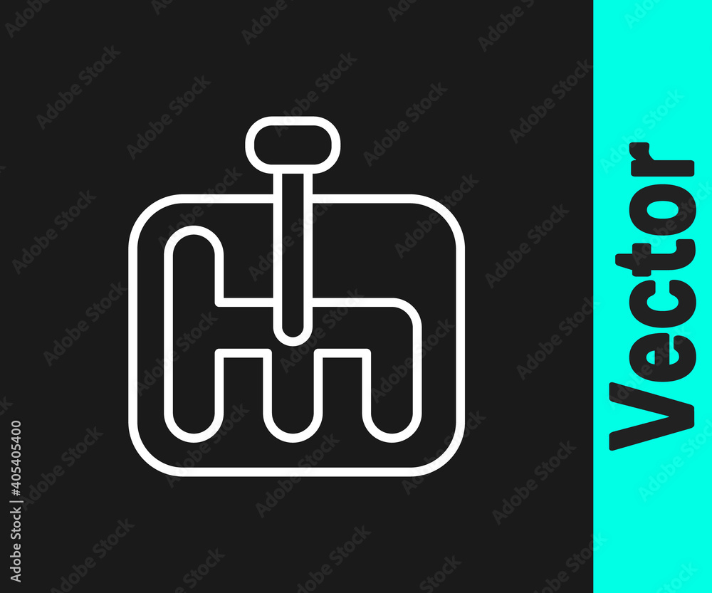 White line Gear shifter icon isolated on black background. Transmission icon. Vector Illustration. White line Gear shifter icon isolated on black background. Transmission icon. Vector Illustration.