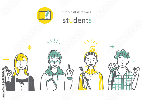 いろいろな学部の大学生のおしゃれでシンプルな線画イラストセット