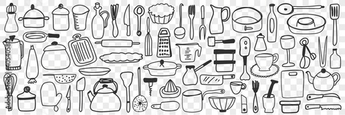 Various dishes and kitchen utensil doodle set. Collection of hand drawn cutting boards, grater, tableware, kettle coffee pot, cooking pan, containers for kitchen isolated on transparent background