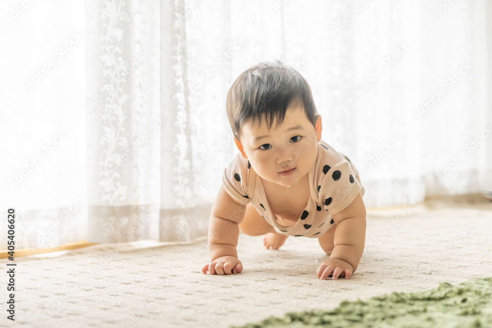 リビングの窓辺でお座りやはいはいをする赤ちゃん リビングの窓辺でお座りやはいはいをする赤ちゃん