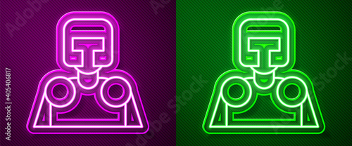 Glowing neon line Medieval knight icon isolated on purple and green background. Vector.