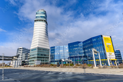 tower of the vienna international airport, empty place during the covid-19 lockdown in january 2021 photo