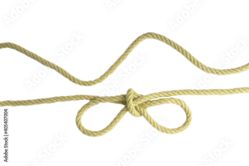 Closeup of a node or knot and two ropes isolated on a white background. Navy and angler knot.