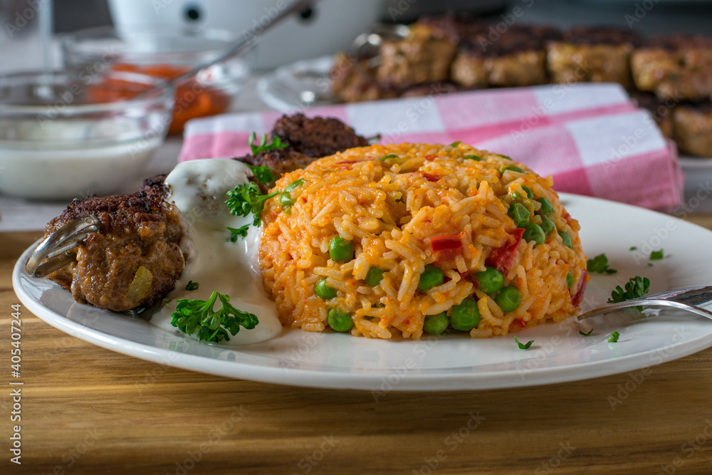 Rice with mediterranean meat skewer