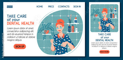 Web site mobile app for dental clinic template. Dental health daily routine. Young woman brushes her teeth with a herbal paste. Stock vector flat concept illustration for landing page ui ux design.