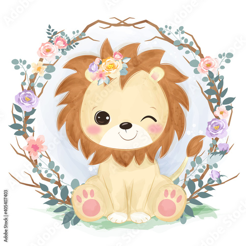 cute lion illustration in watercolor effect great for baby shower decoration and children prints.	
