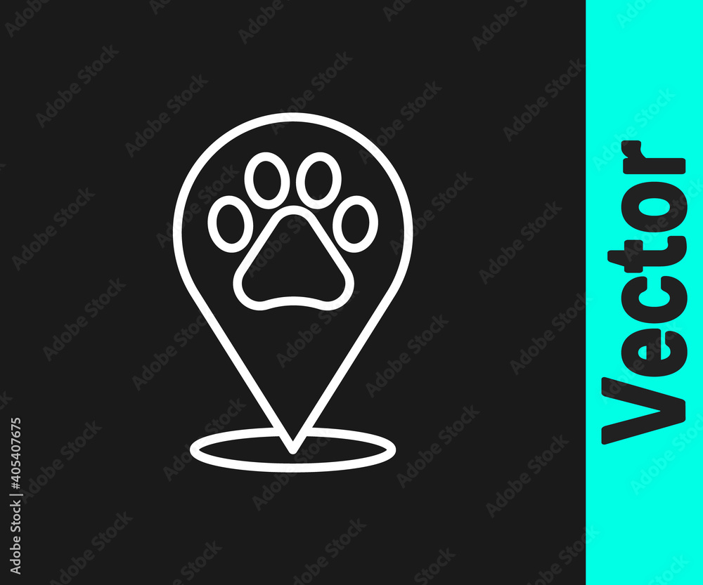 White line Map pointer with veterinary medicine hospital, clinic or pet shop for animals icon isolated on black background. Vet or veterinarian clinic. Vector. White line Map pointer with veterinary medicine hospital, clinic or pet shop for animals icon isolated on black background. Vet or veterinarian clinic. Vector.