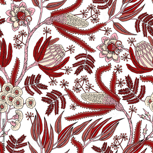 Seamless pattern with fantasy flowers, natural wallpaper, floral decoration curl illustration. Paisley print hand drawn elements. Home decor.