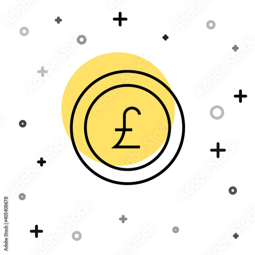 Black line Coin money with pound sterling symbol icon isolated on white background. Banking currency sign. Cash symbol. Random dynamic shapes. Vector.