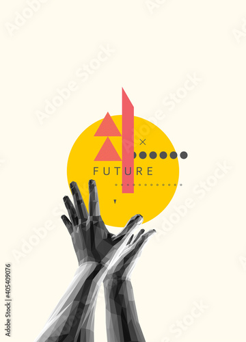 Outstretched empty hands that tosses or catches a sun. Technologies of the future. 3D vector illustration for advertising, marketing or presentation.
