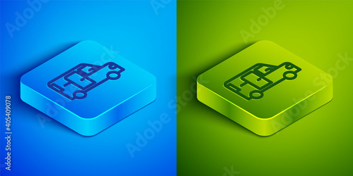 Isometric line Minibus icon isolated on blue and green background. Square button. Vector.