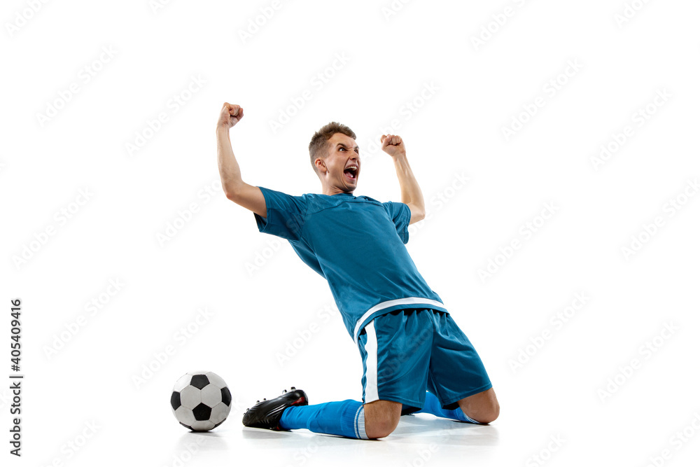 Champion. Funny emotions of professional soccer player isolated on white studio background. Copyspace for ad. Excitement in game, human emotions, facial expression and passion with sport concept.