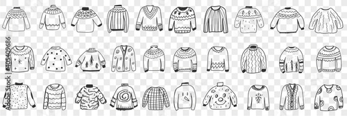 Various warm knitted sweaters doodle set. Collection of hand drawn stylish elegant jackets sweaters cardigans with different patterns for cold weather isolated on transparent background