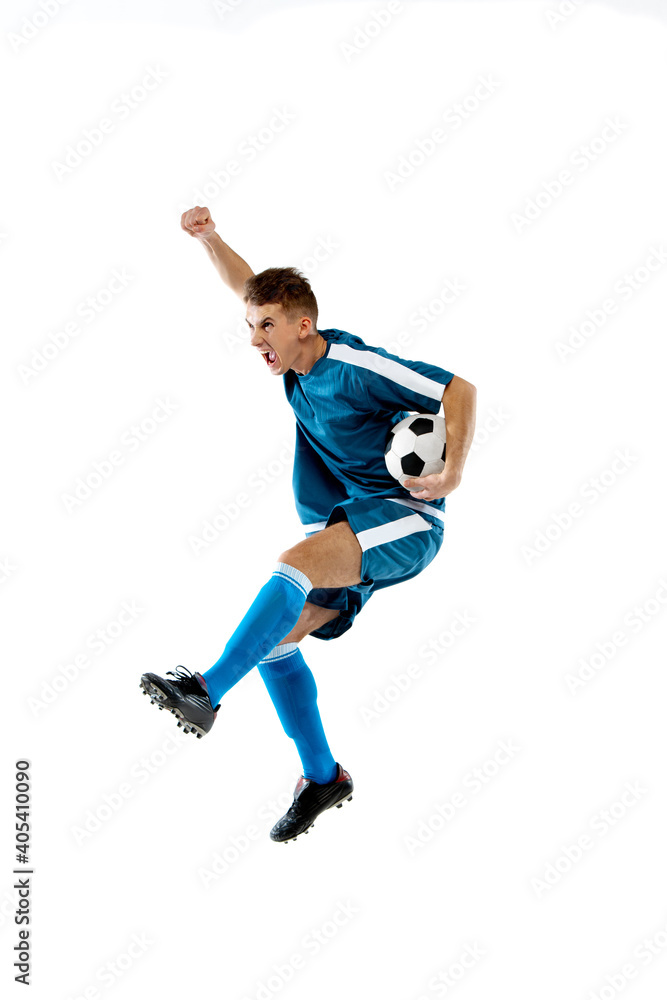 Flying high. Funny emotions of professional soccer player isolated on white studio background. Copyspace for ad. Excitement in game, human emotions, facial expression and passion with sport concept. Flying high. Funny emotions of professional soccer player isolated on white studio background. Copyspace for ad. Excitement in game, human emotions, facial expression and passion with sport concept.