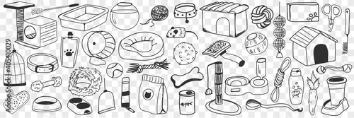 Accessories and toys for dogs doodle set. Collection of hand drawn brush, food, leash, kennel, bone, toys, mitten, playground and other accessories for pets dogs isolated on transparent background