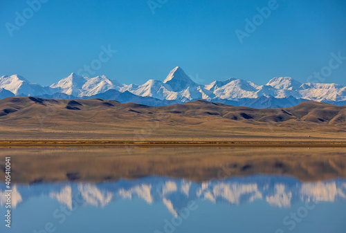 reflection of a mountain peak in the lake, Khan Tengri peak photo