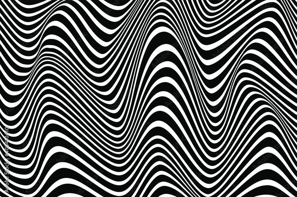 Black and white stripes. Psychedelic, hypnotic line abstract background. Vector pattern. Warped waves. Monochrome illustration. Banner, wallpaper, template, print, poster. Ocean, sea concept. Border