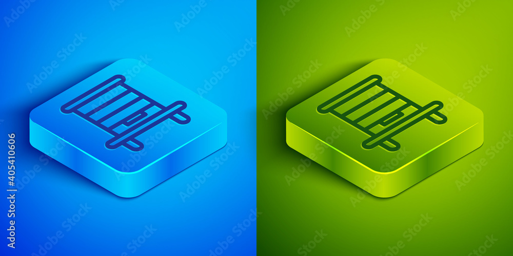Isometric line Hive for bees icon isolated on blue and green background. Beehive symbol. Apiary and beekeeping. Sweet natural food. Square button. Vector. Isometric line Hive for bees icon isolated on blue and green background. Beehive symbol. Apiary and beekeeping. Sweet natural food. Square button. Vector.