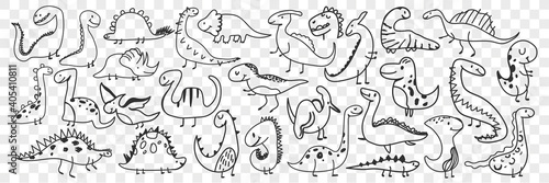 Funny dinosaurs doodle set. Collection of hand drawn funny cute dinosaur of various shapes and ages enjoying life feeling happy isolated on transparent background. Illustration of dinosaur for kids