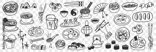 Various japanese chinese dishes doodle set. Collection of hand drawn sushi maki, spring rolls, steamed rice and dumplings as national cuisine isolated on transparent background. Illustration of food