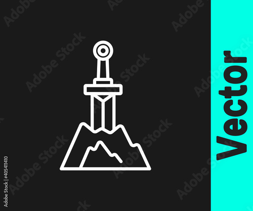 White line Sword in the stone icon isolated on black background. Excalibur the sword in the stone from the Arthurian legends. Vector.