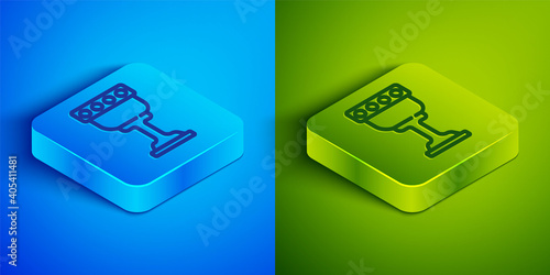 Isometric line Medieval goblet icon isolated on blue and green background. Holy grail. Square button. Vector.