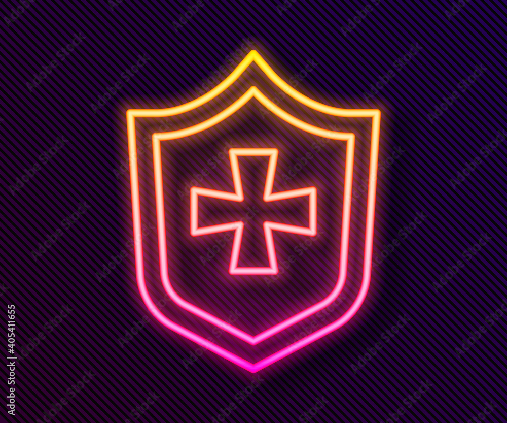 Glowing neon line Shield icon isolated on black background. Guard sign. Security, safety, protection, privacy concept. Vector. Glowing neon line Shield icon isolated on black background. Guard sign. Security, safety, protection, privacy concept. Vector.