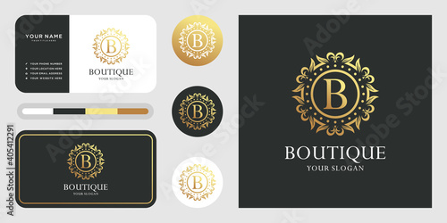 Letter b luxury ornament floral frame golden logo template. icon and business card inspiration