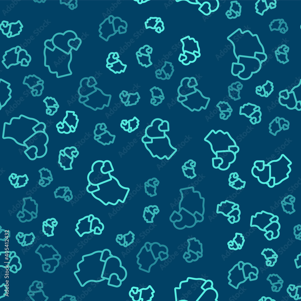 Fototapeta premium Green line Human head with heart icon isolated seamless pattern on blue background. Love concept with human head. Vector.