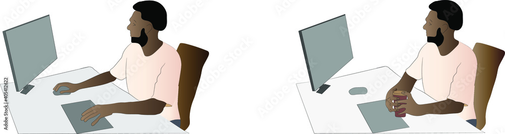 Fototapeta premium Young dark-skinned African American businessman works at the computer, pauses and drinks coffee. Work from home or office.