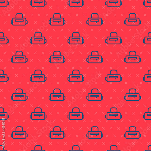 Blue line Sport bag icon isolated seamless pattern on red background. Vector.