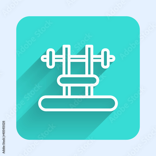 White line Bench with barbel icon isolated with long shadow. Gym equipment. Bodybuilding, powerlifting, fitness concept. Green square button. Vector.