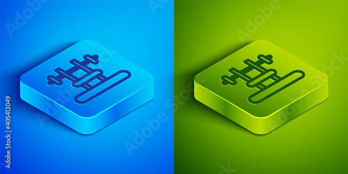 Isometric line Bench with barbel icon isolated on blue and green background. Gym equipment. Bodybuilding, powerlifting, fitness concept. Square button. Vector.
