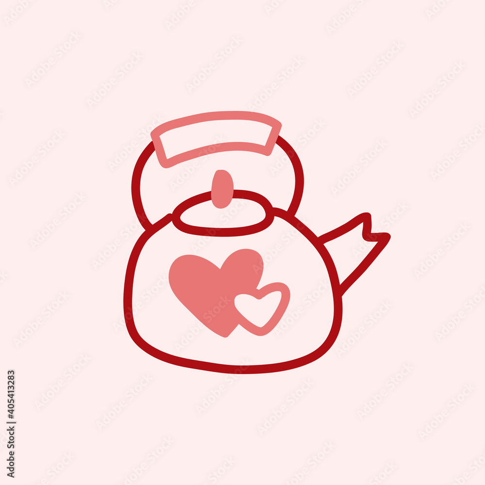 Valentines Day theme doodle Vector icon of hand drawn teapot with heart shape on a pink background. Valentines Day theme doodle Vector icon of hand drawn teapot with heart shape on a pink background.