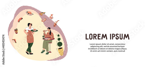 Flyer or banner with smiling waitress serving a customer, vector cartoon illustration. Advertising horizontal banner or poster for restaurant or fast food cafe.