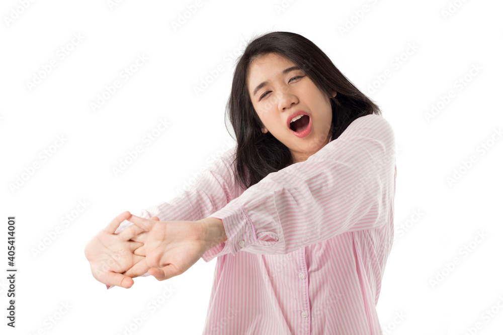 young asian woman wear pink pajamas yawn and stretch when her wake up feeling sleepy young asian woman wear pink pajamas yawn and stretch when her wake up feeling sleepy