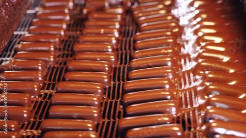 Candies are moving along the conveyor while getting frosted photo