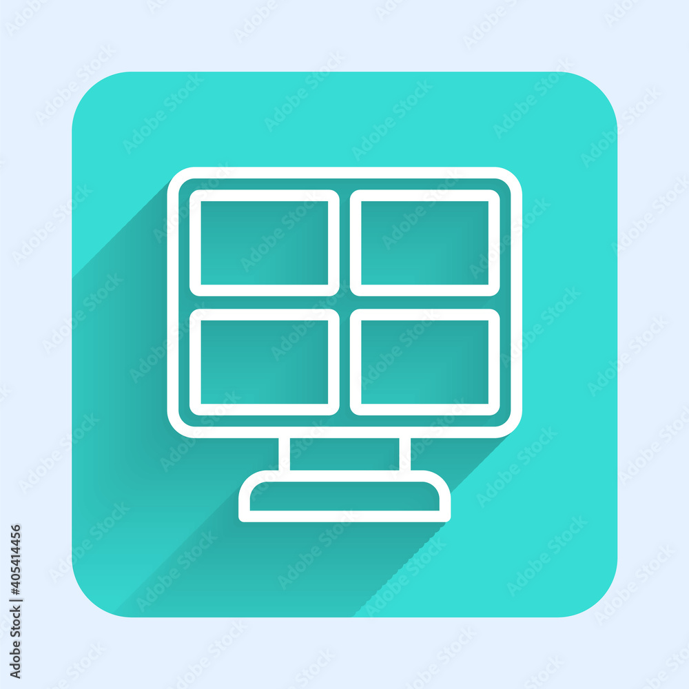 White line Solar energy panel icon isolated with long shadow. Green square button. Vector. White line Solar energy panel icon isolated with long shadow. Green square button. Vector.