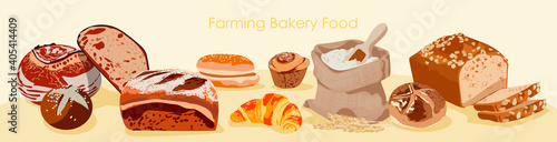 Fresh bread assortment. Fresh nutritious bread products, rye rustic bread, loaf, fruitcake, bagel, french baguette, croissant. Healthy food concept flat vector illustration flat vector illustration
