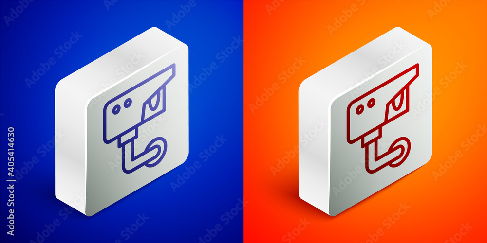 Isometric line Security camera icon isolated on blue and orange background. Silver square button. Vector. Isometric line Security camera icon isolated on blue and orange background. Silver square button. Vector.