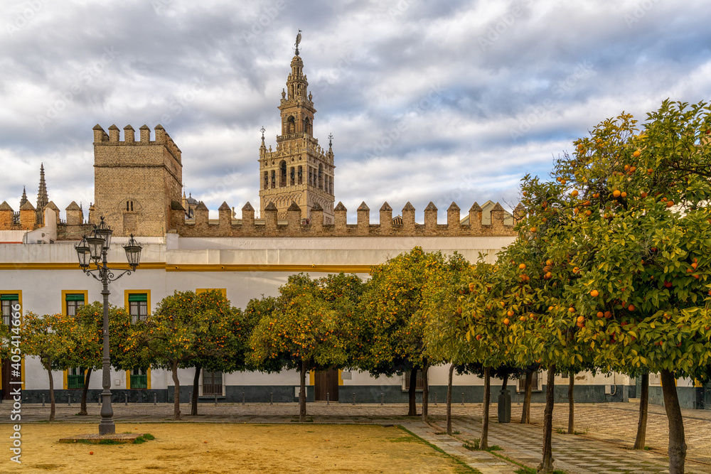 the historic Patio de Banderas in Seville with the cathedral in the background
