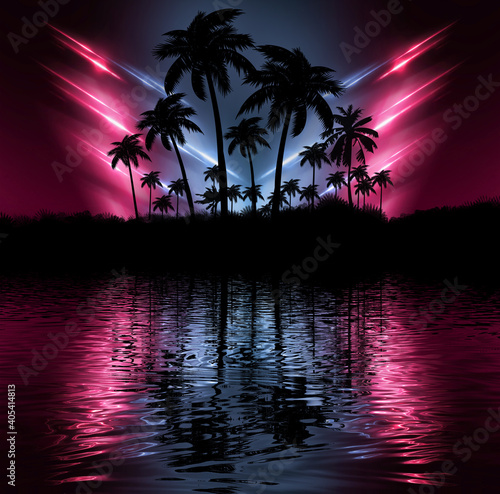 Night landscape with palm trees, against the backdrop of a neon sunset, stars. Silhouette coconut palm trees on beach at sunset. Space futuristic neon landscape. Beach party. 